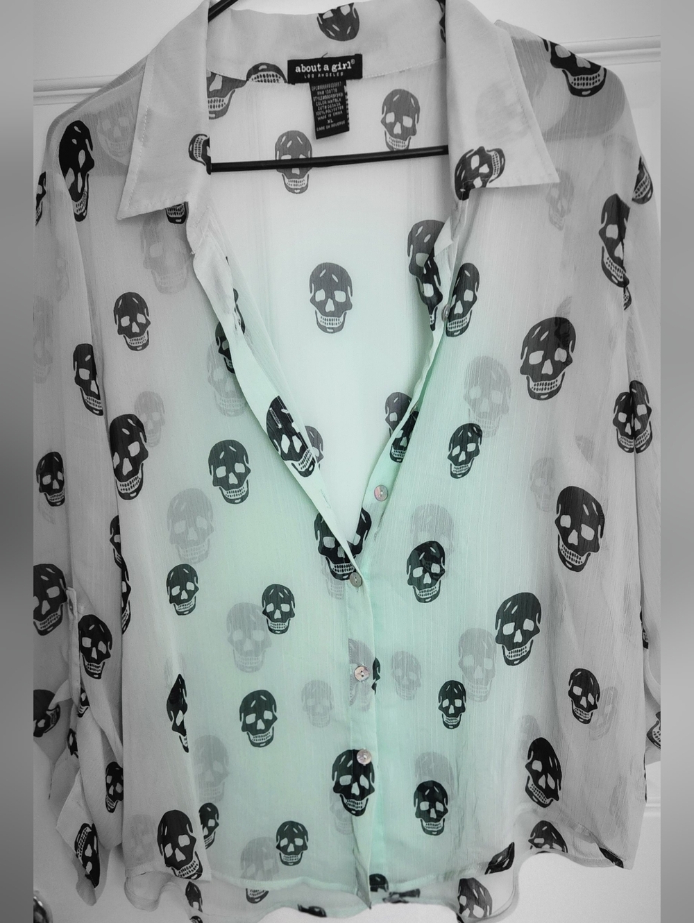 About A Girl Green Sheer Button-Up Shirt with Black Skull Print